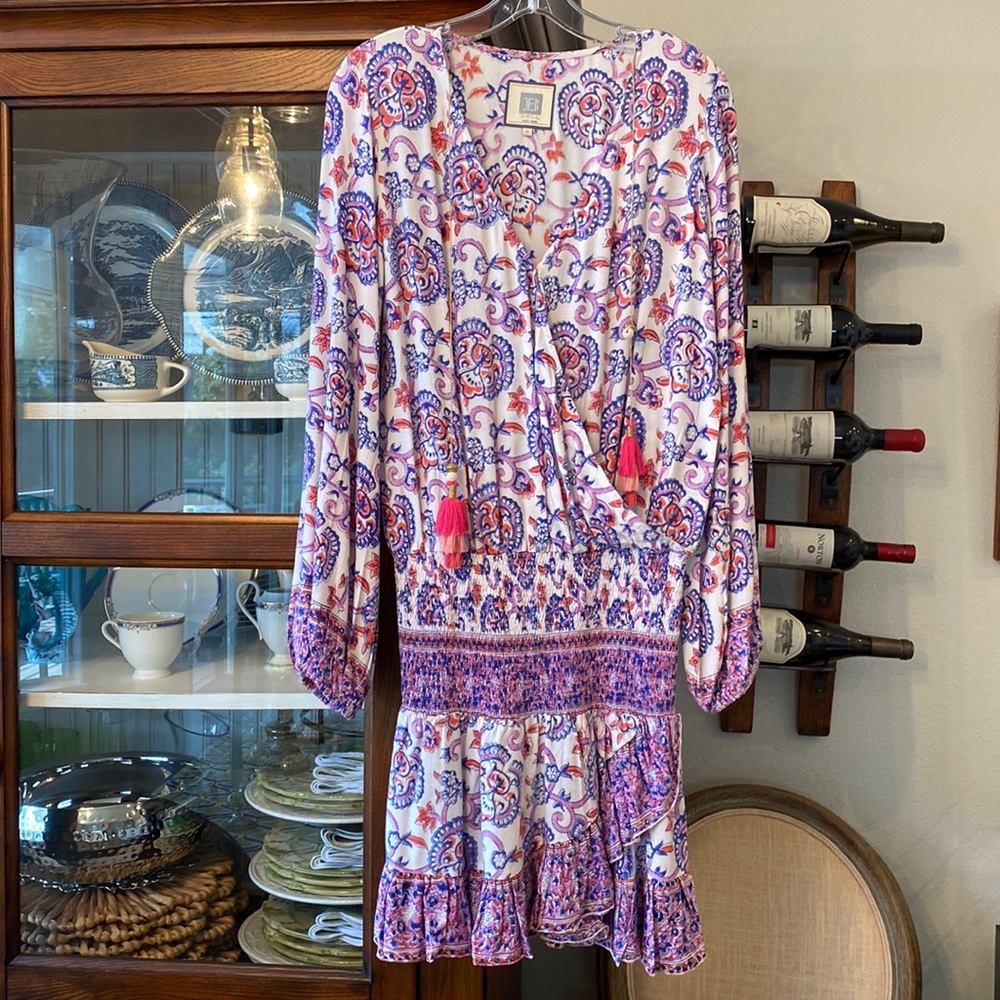 BELL minidress. Adorable smocked waist dress with tassel drops. Size S